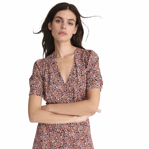 NWT THE KOOPLES Floral V-Neck Short Sleeve Flowy BOHO Dress in Pink & Black! - Picture 4 of 5